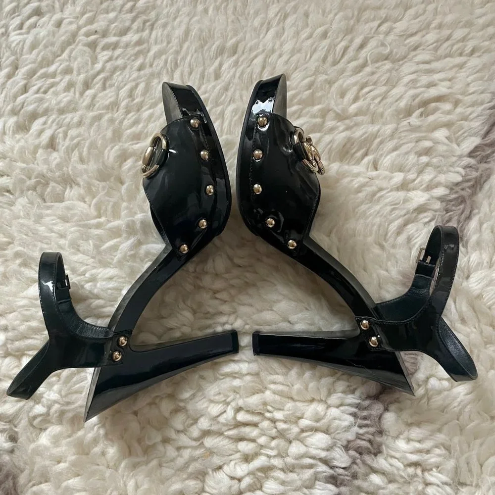 Gucci Sand Pelle Peep Toe S CUOIO Patent Leather Vernice Heels 38 - Picture 9 of 12